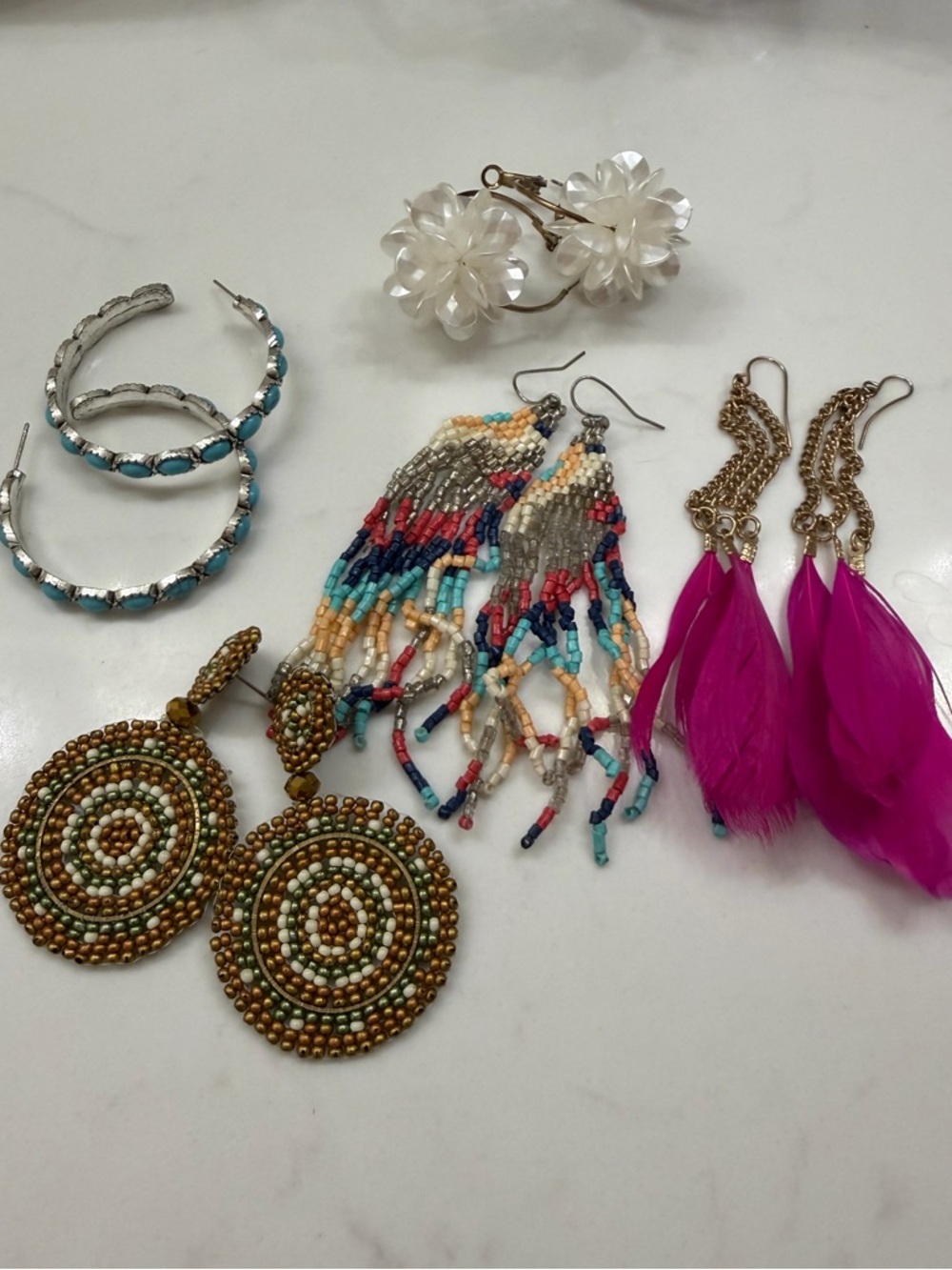 Assorted Women's Beaded and Feather Earrings – Pink, Turquoise, White, Gold